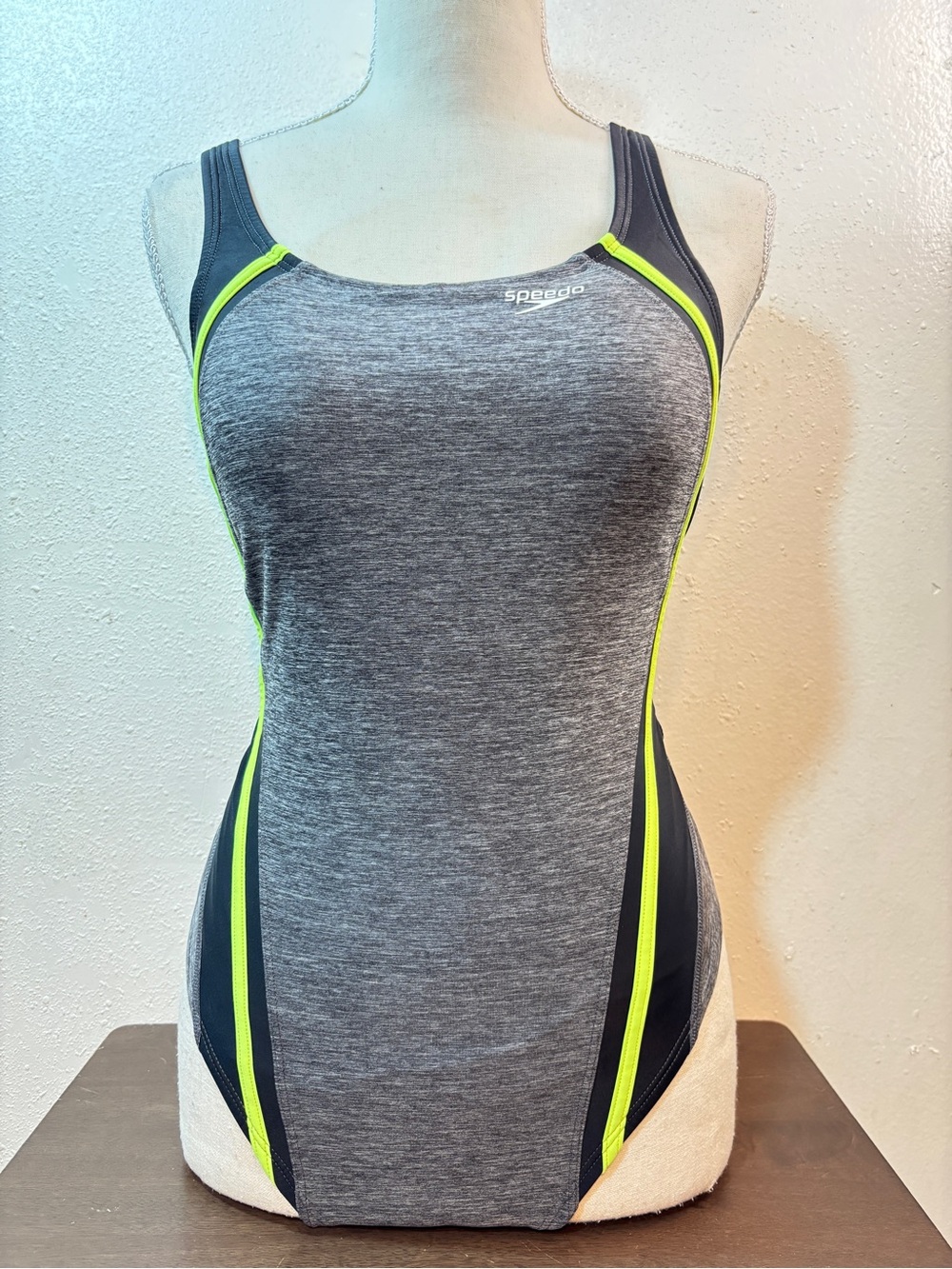 Speedo Gray One-Piece Swimsuit with Neon Yellow Trim